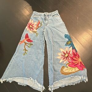Farm Rio wide leg embroidered jeans